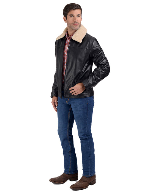 Chamarra de piel Perry Ellis para Caballero en color negro con Cuello de Borrego.